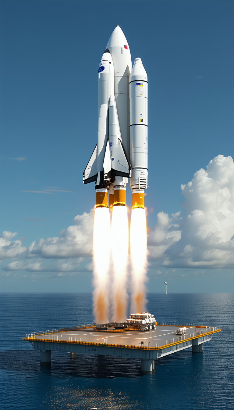 A Space Shuttle Launching Into The Sky, With Its Booster Rockets Attached