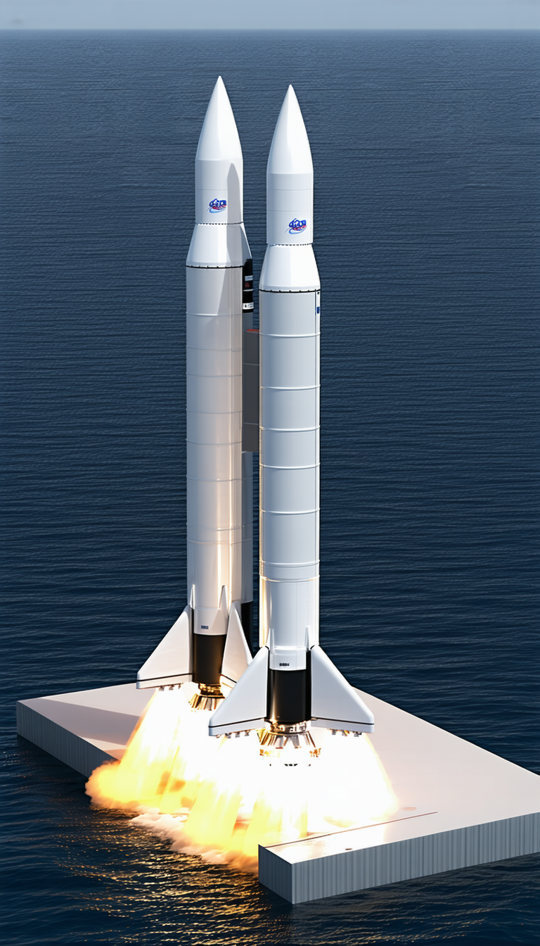 A Large White Rocket Ship With Two Engines On The Bottom, Docked At A Platform In The Ocean