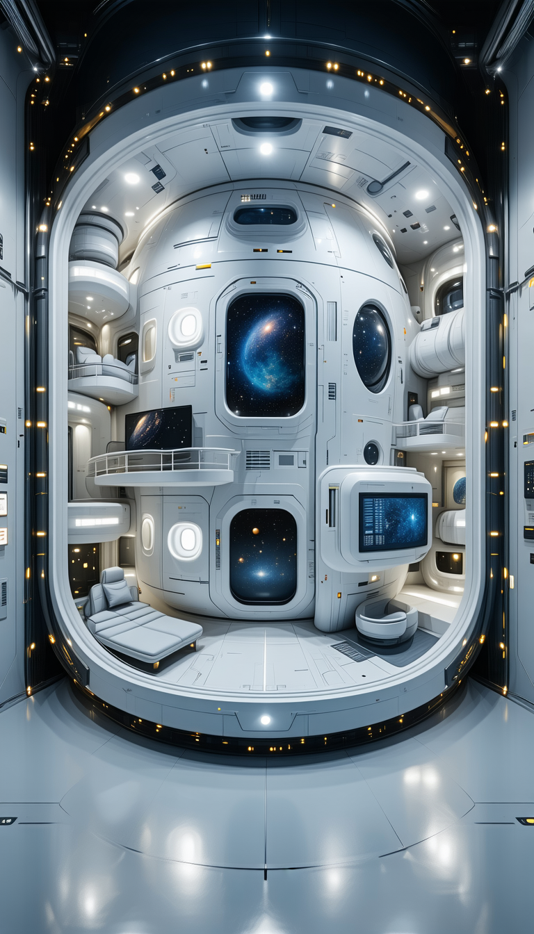 In This Image, There Is A Large White Space Station With A Futuristic Design