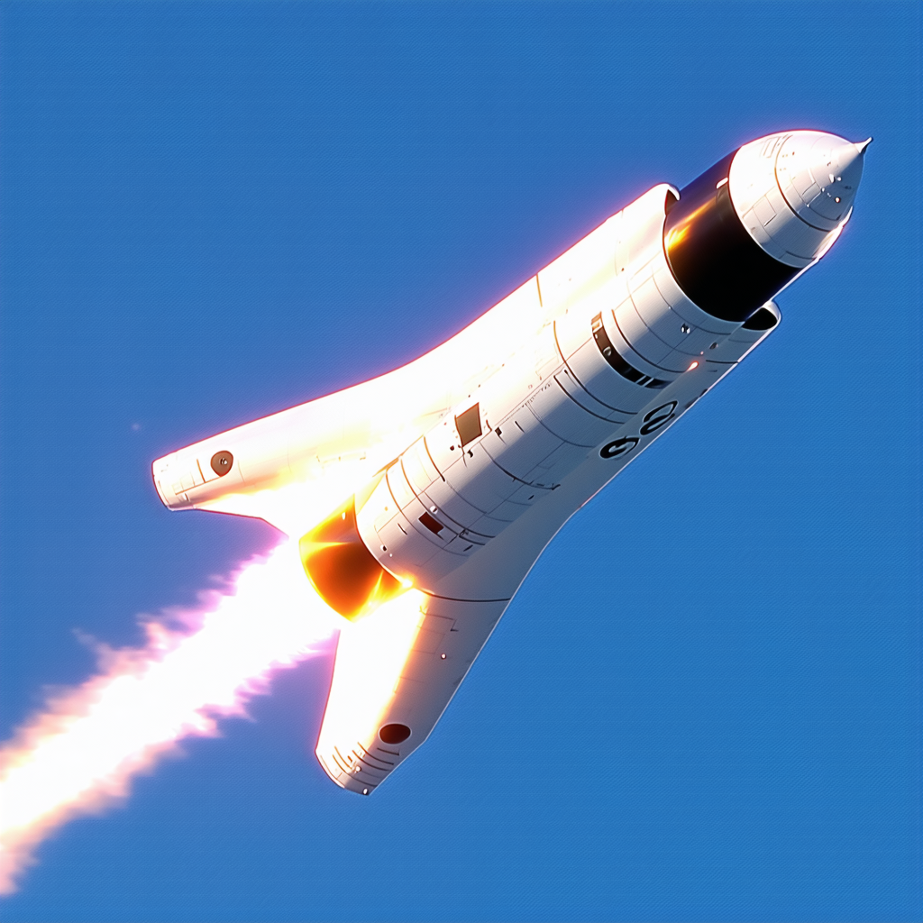 A Space Shuttle Is Flying Through The Sky, Leaving A Trail Of Smoke Behind It