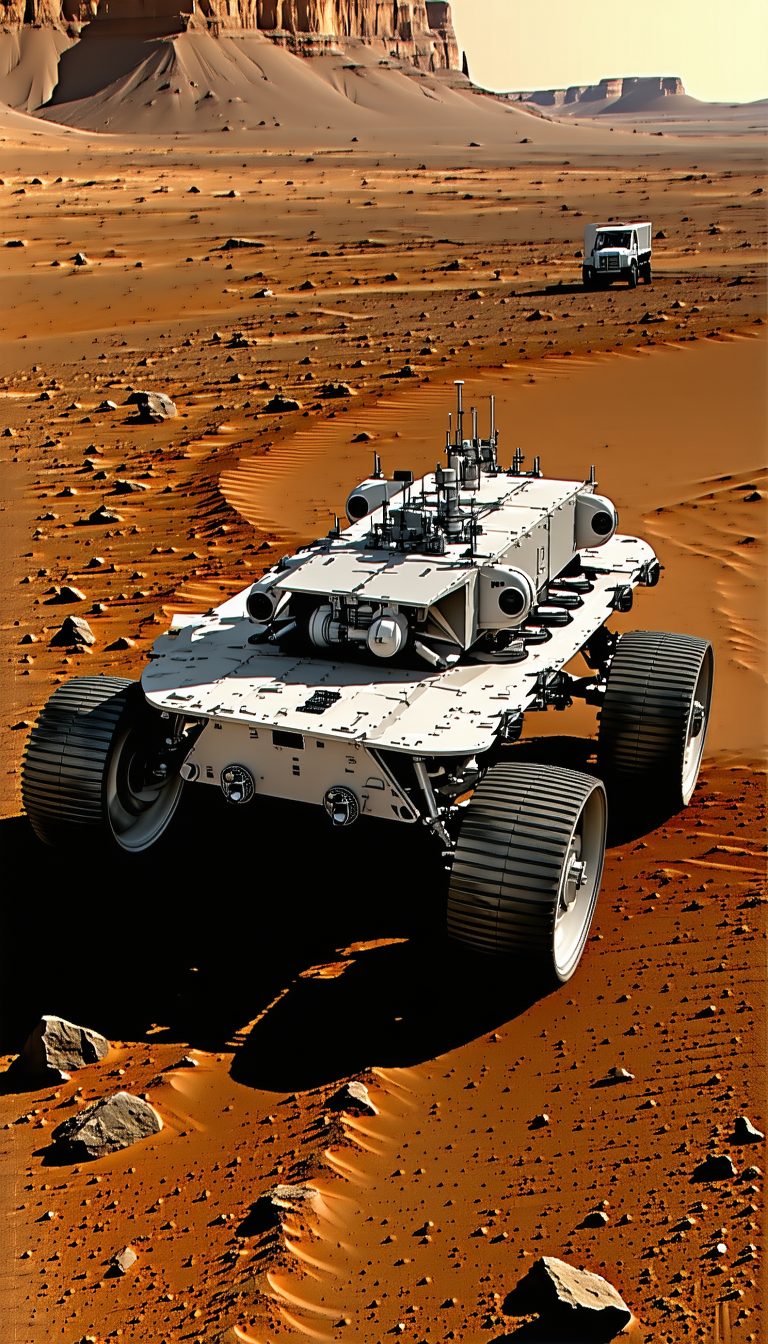 A White And Grey Robotic Vehicle, Possibly A Rover, Driving Across A Dirt Field