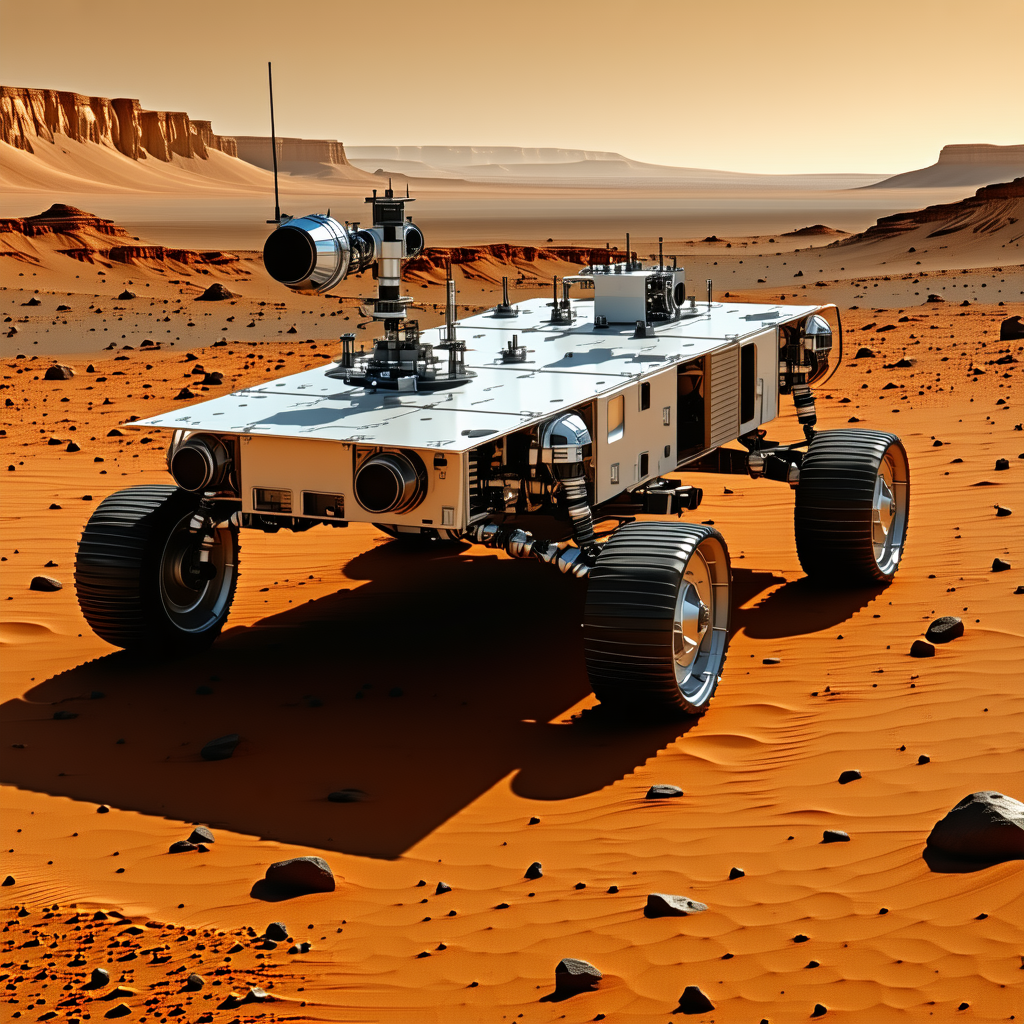 A Futuristic Vehicle, Possibly A Rover Or A Tank, Driving Across A Rocky Terrain