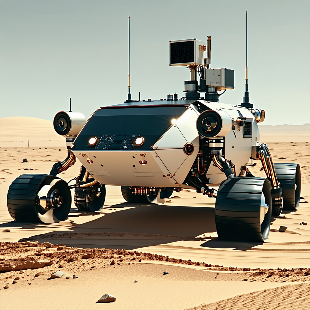A White Robot Is Sitting In The Sand, With Its Front Facing The Viewer