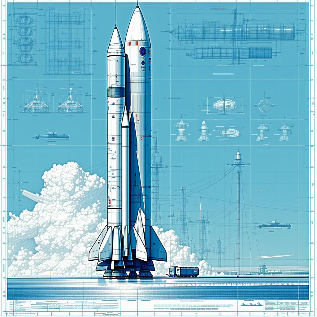 A Space Shuttle Is Shown In A Blue And White Drawing, With A Truck Nearby