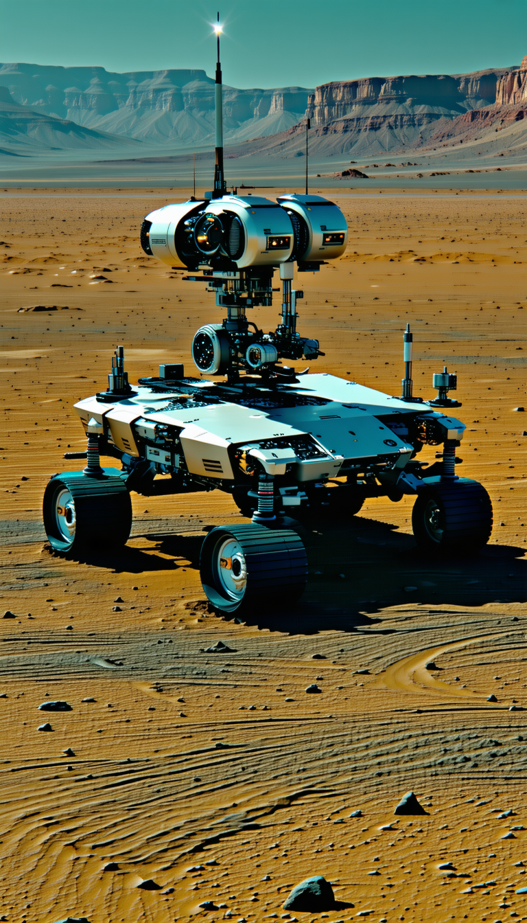 A Robotic Vehicle Is Sitting On A Dirt Surface, Possibly A Desert