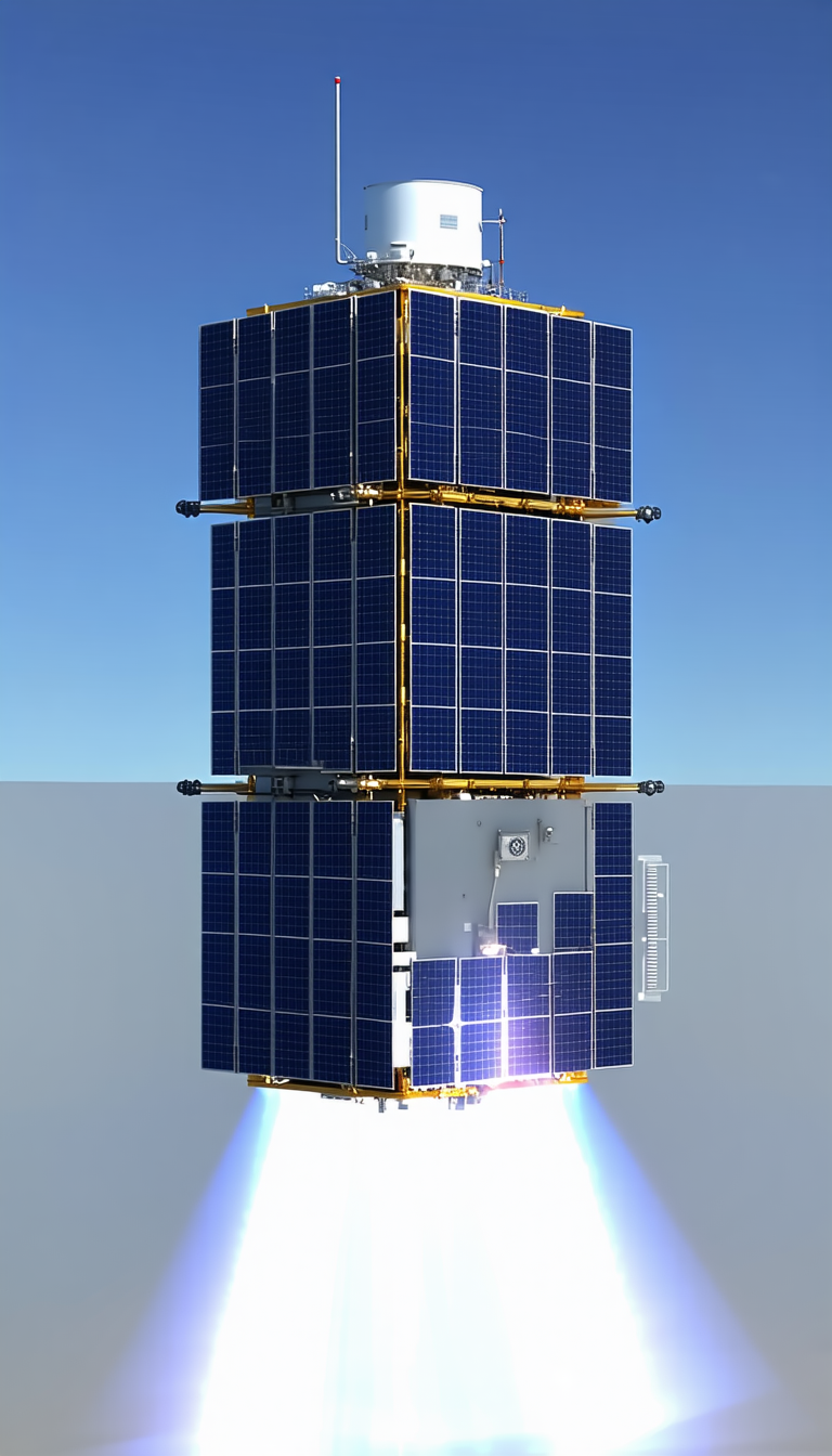 A Spacecraft Is Shown In A Close-up View, With Its Solar Panels And Other Components Clearly Visible