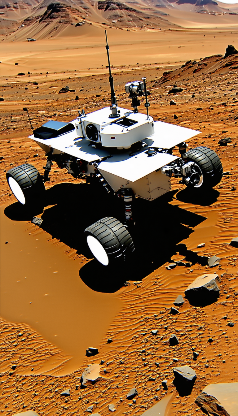 A White Robotic Vehicle, Possibly A Rover, Driving Across A Dirt Field