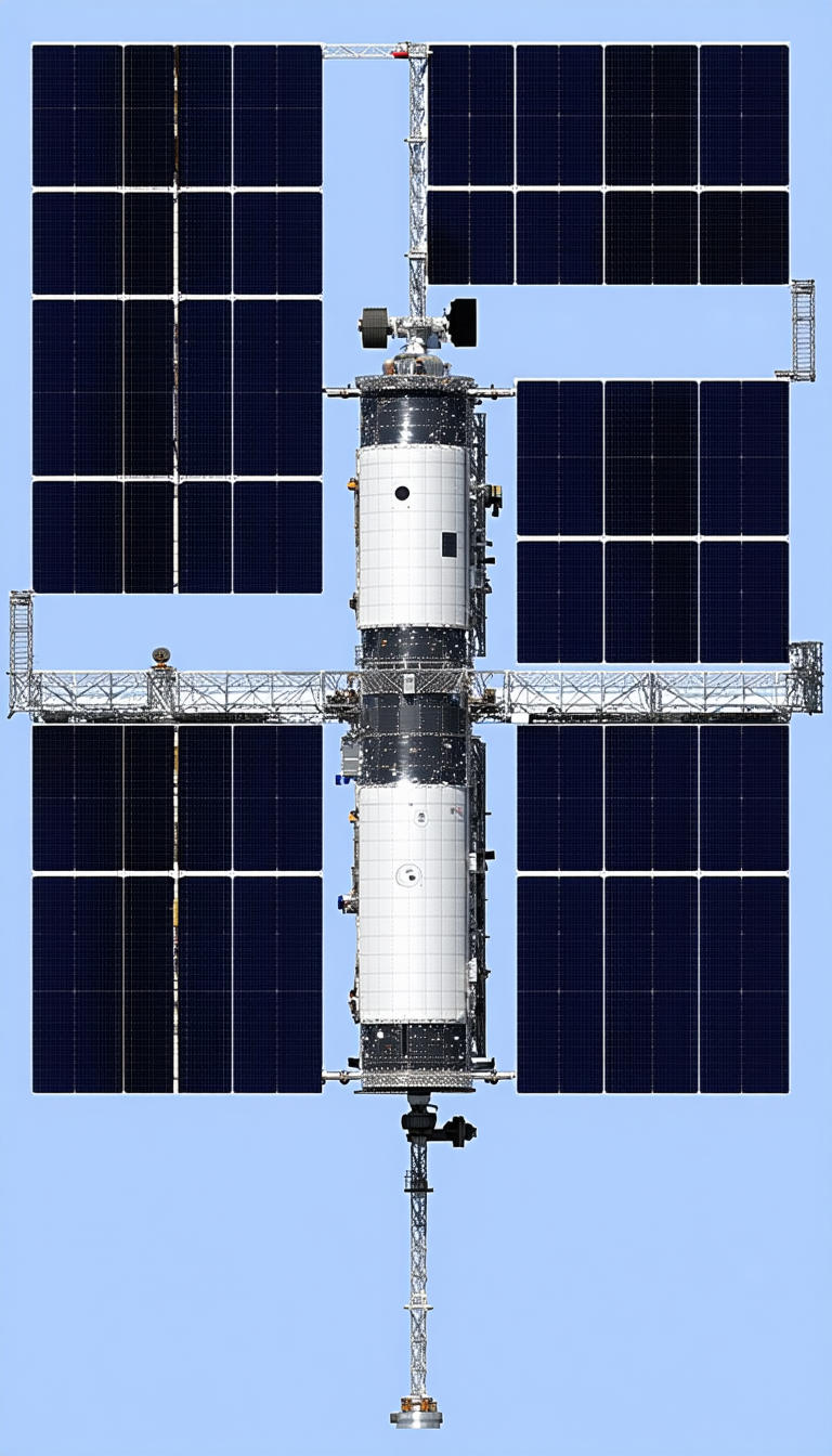 A Large Spacecraft Is Shown In A Blue Sky, With A Solar Panel On The Side