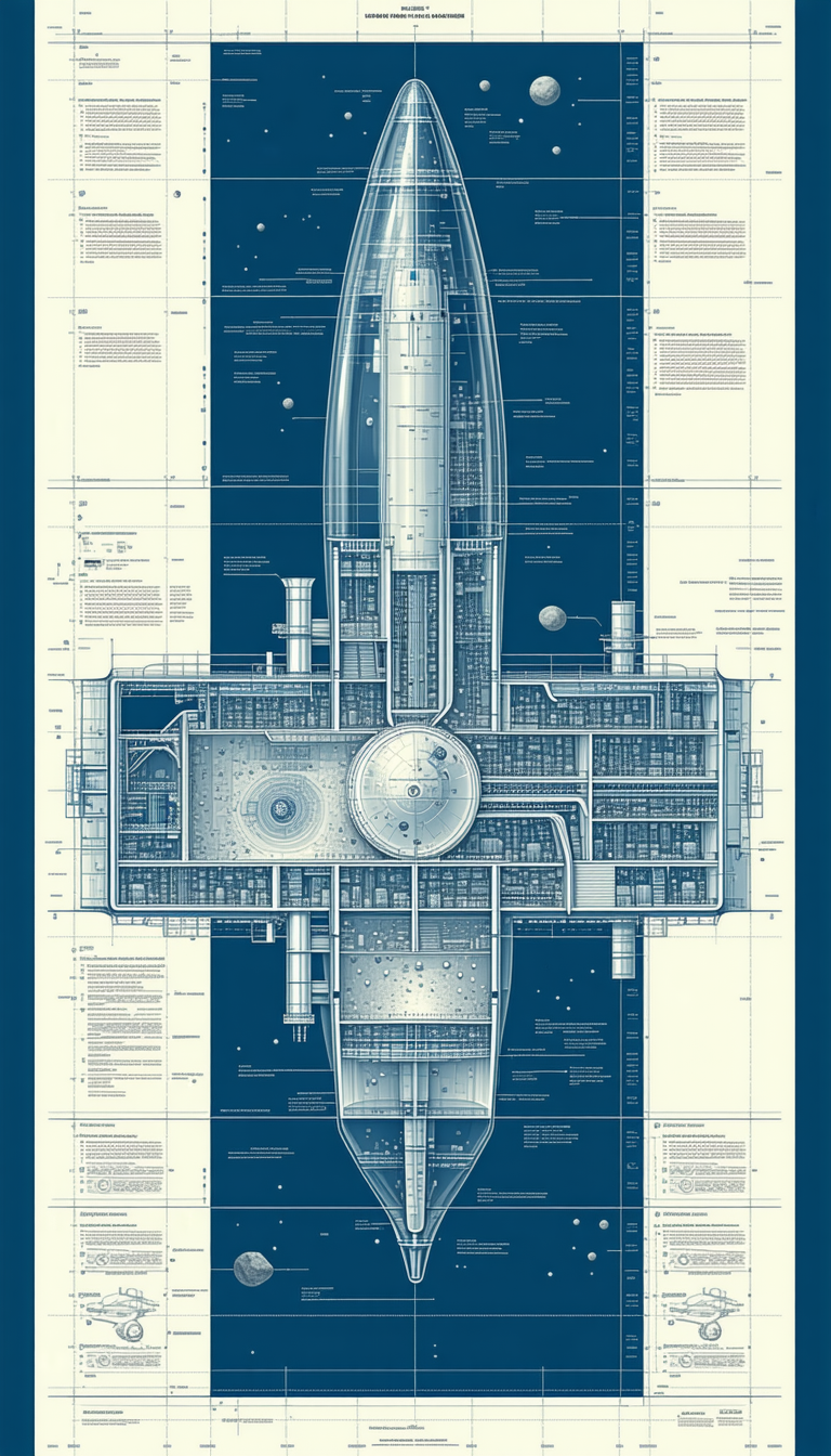 A Blue And White Drawing Of A Space Ship Is Displayed On A Wall