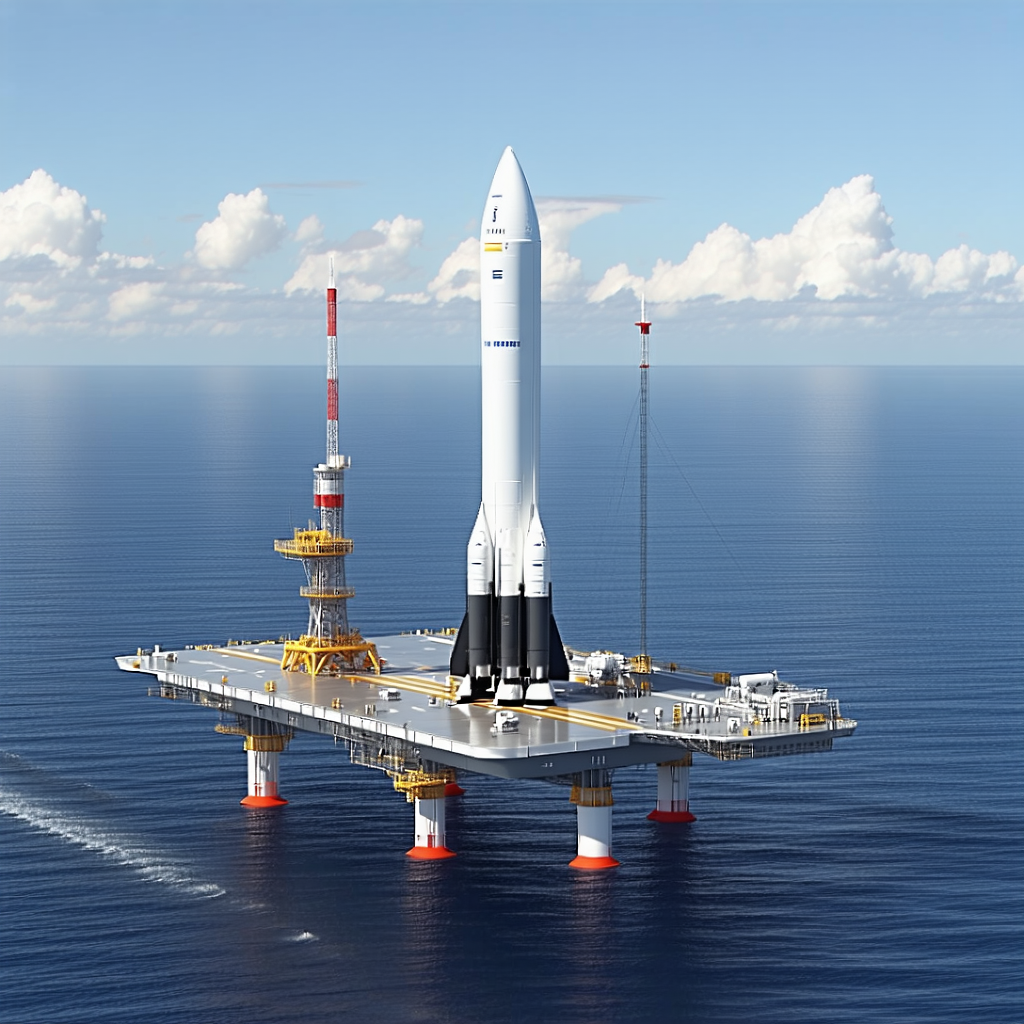 A Large Rocket Ship Floating On Top Of A Platform In The Ocean