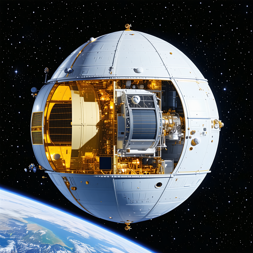 A Large White Spacecraft With A Dome-shaped Structure, Possibly A Satellite Or A Space Station