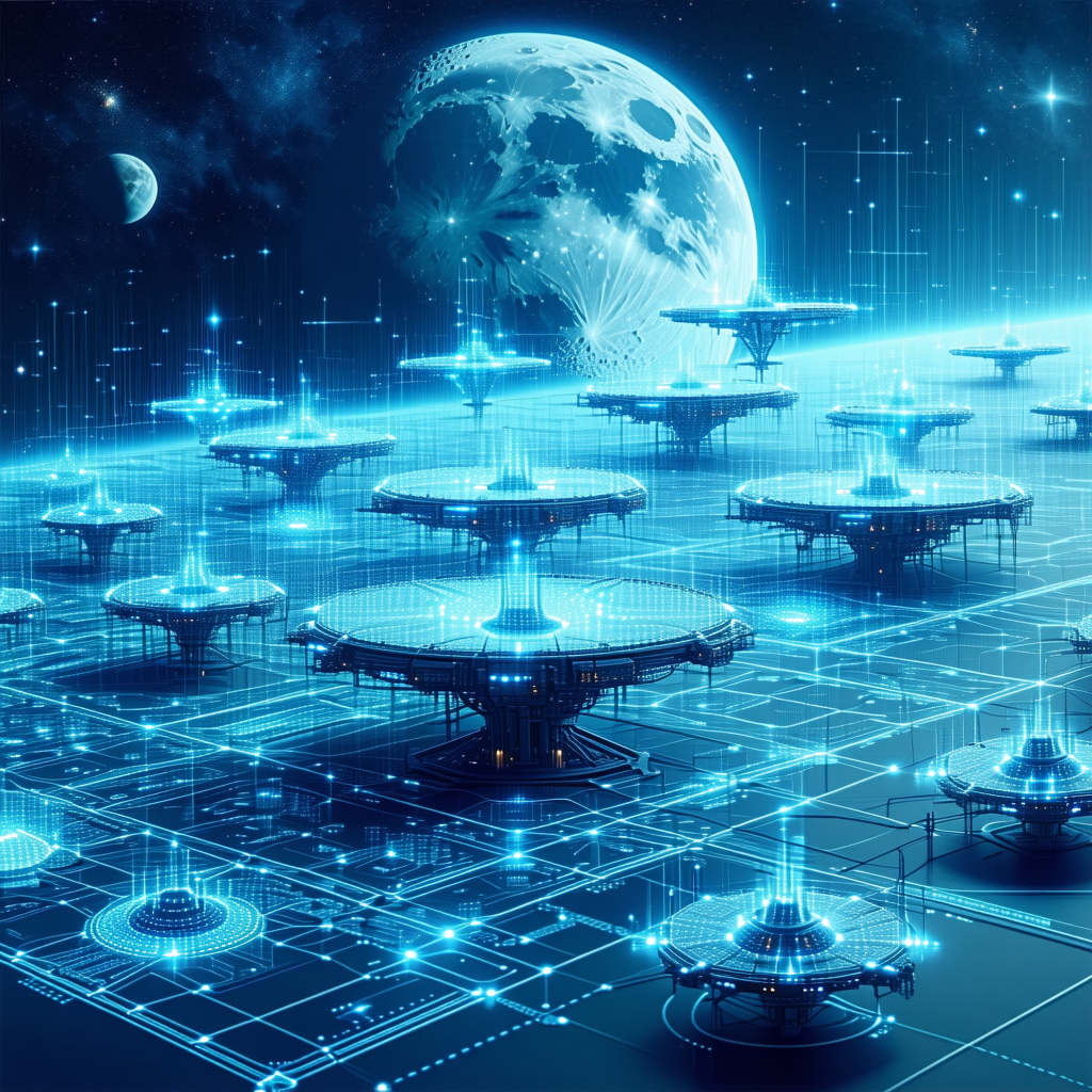 In This Image, There Is A Large Group Of Small, Blue, And White Structures Floating In The Air