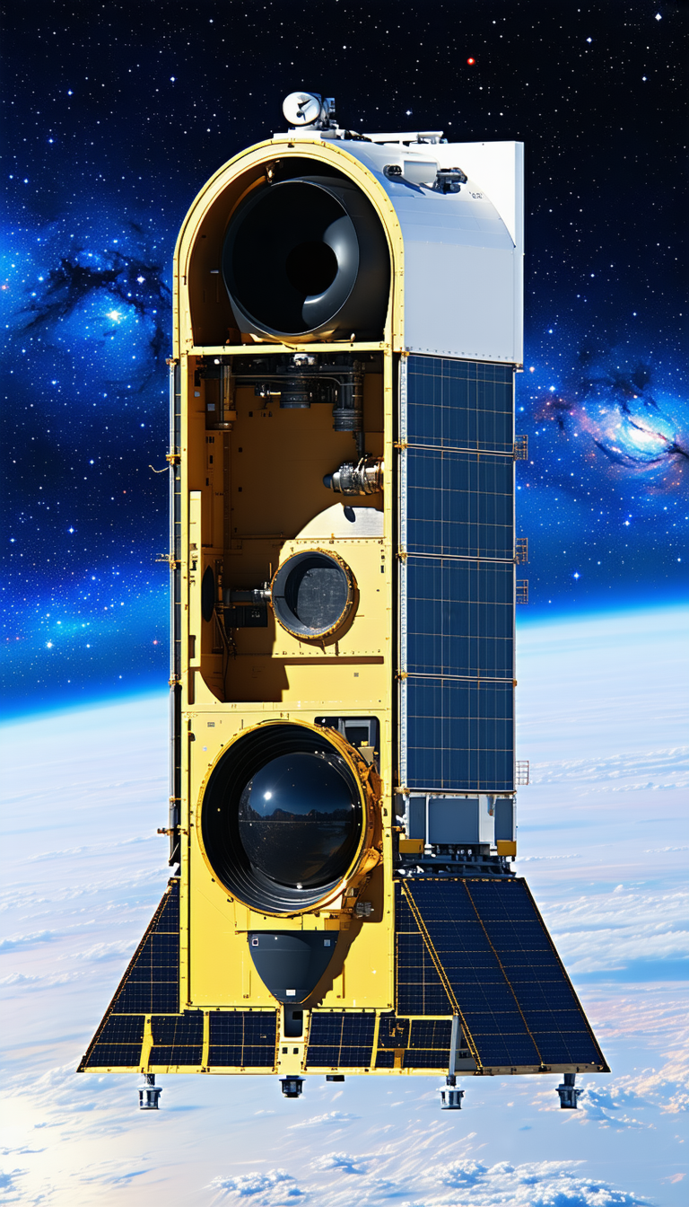 A Large Yellow Satellite Is Shown In The Image, With A Large Black Dish On The Bottom