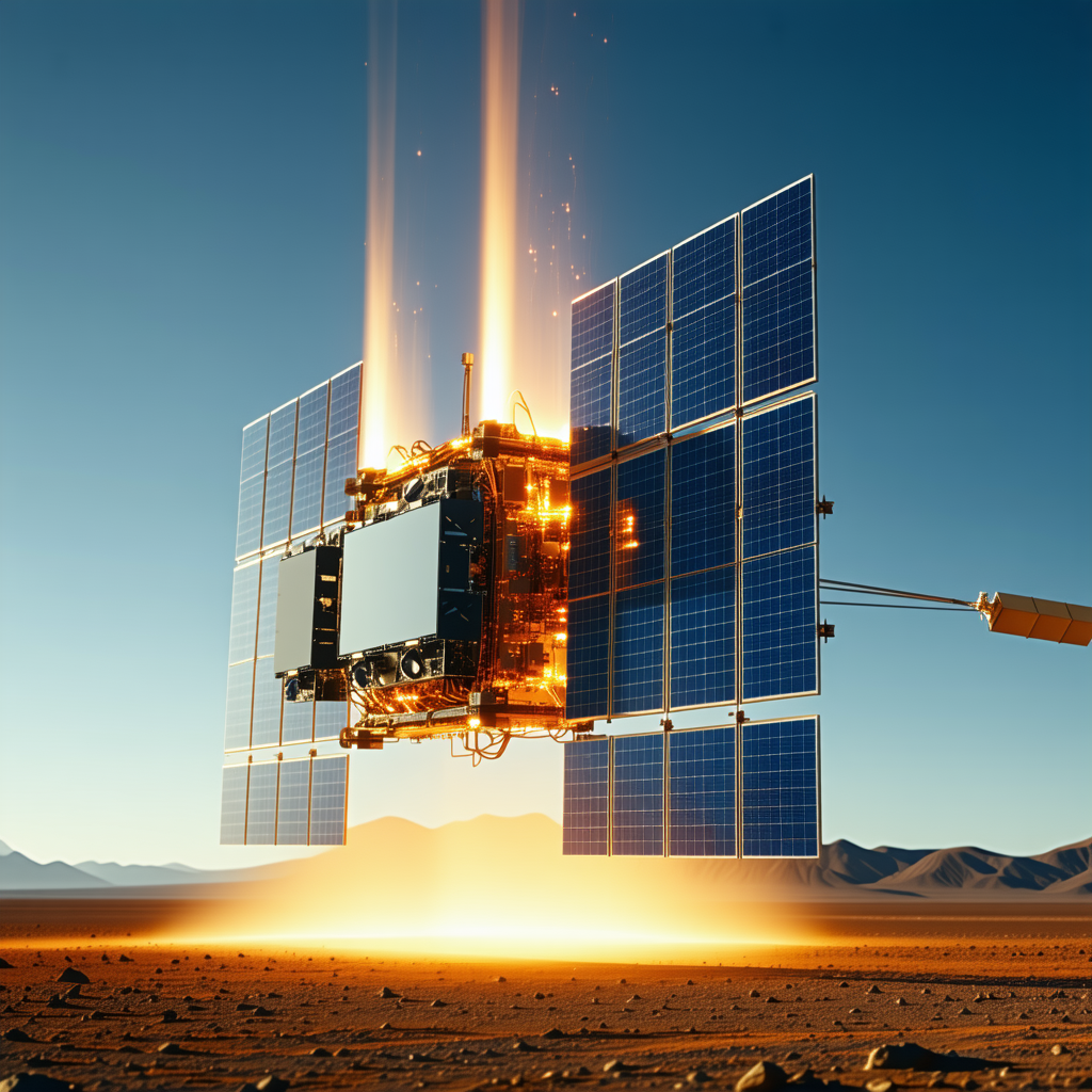 A Spacecraft With A Solar Panel On Its Side, Flying Through The Sky