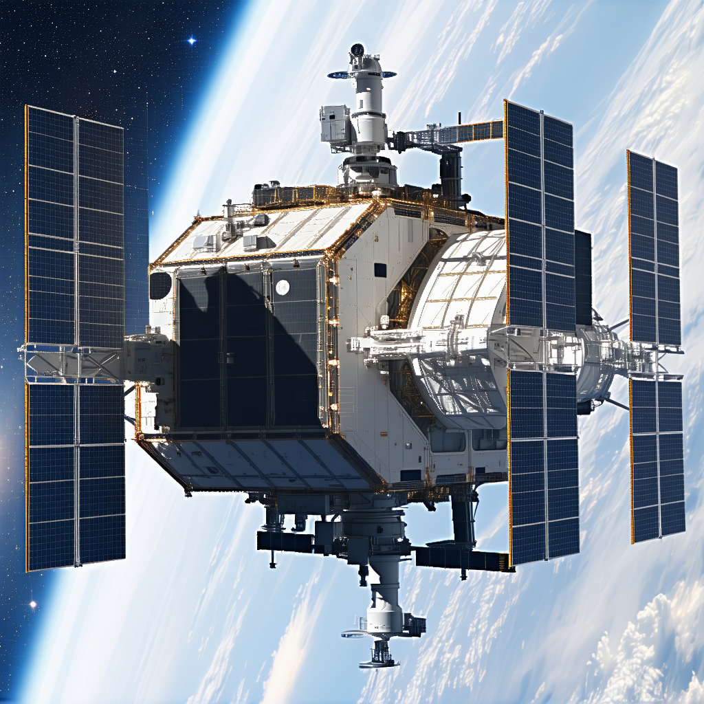 A Space Shuttle With A Large Satellite Dish On Its Side