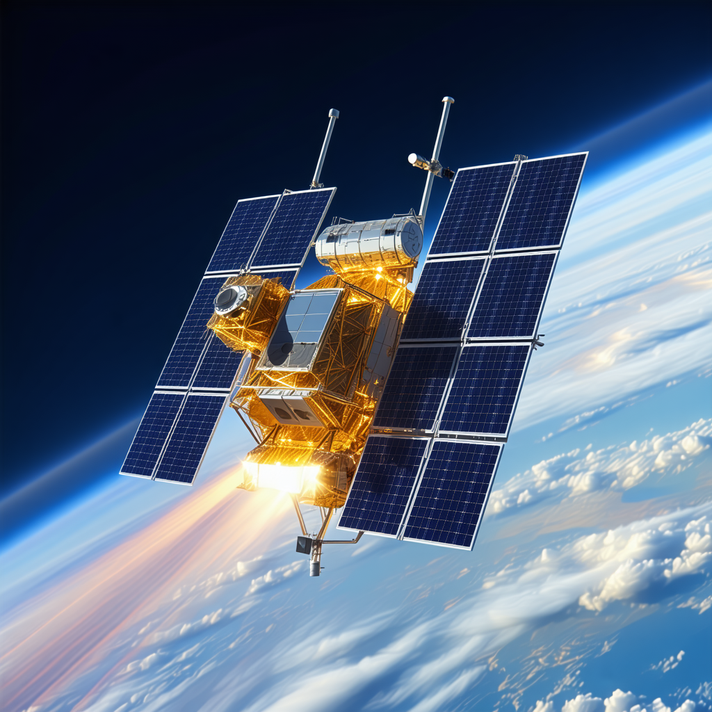 A Spacecraft Is Flying Through The Sky, With A Large Satellite Dish On The Bottom Of The Spacecraft