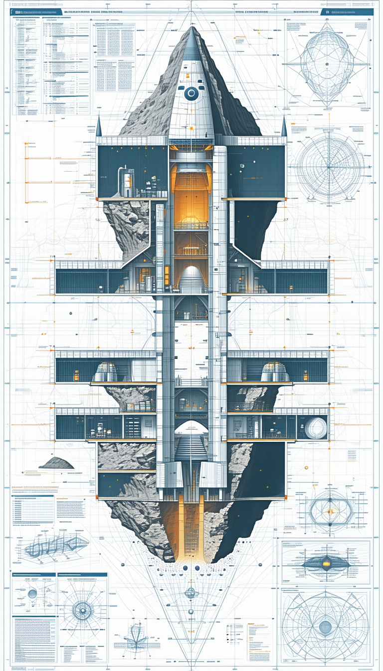 The Image Is A Blueprint Of A Large Building, Possibly A Space Station Or A Futuristic Structure