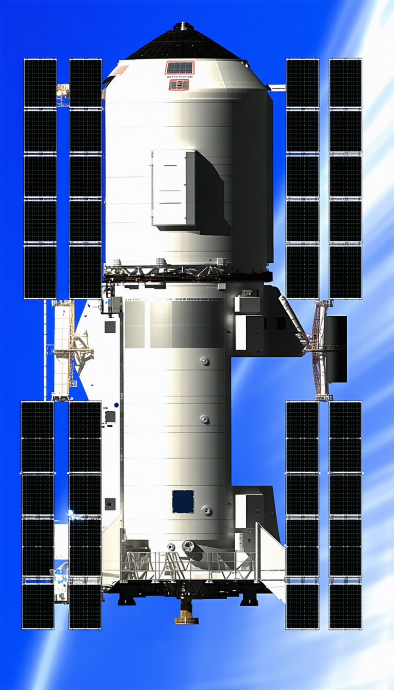 A Space Shuttle Is Docked To A Space Station, With A Large Satellite Dish On The Side