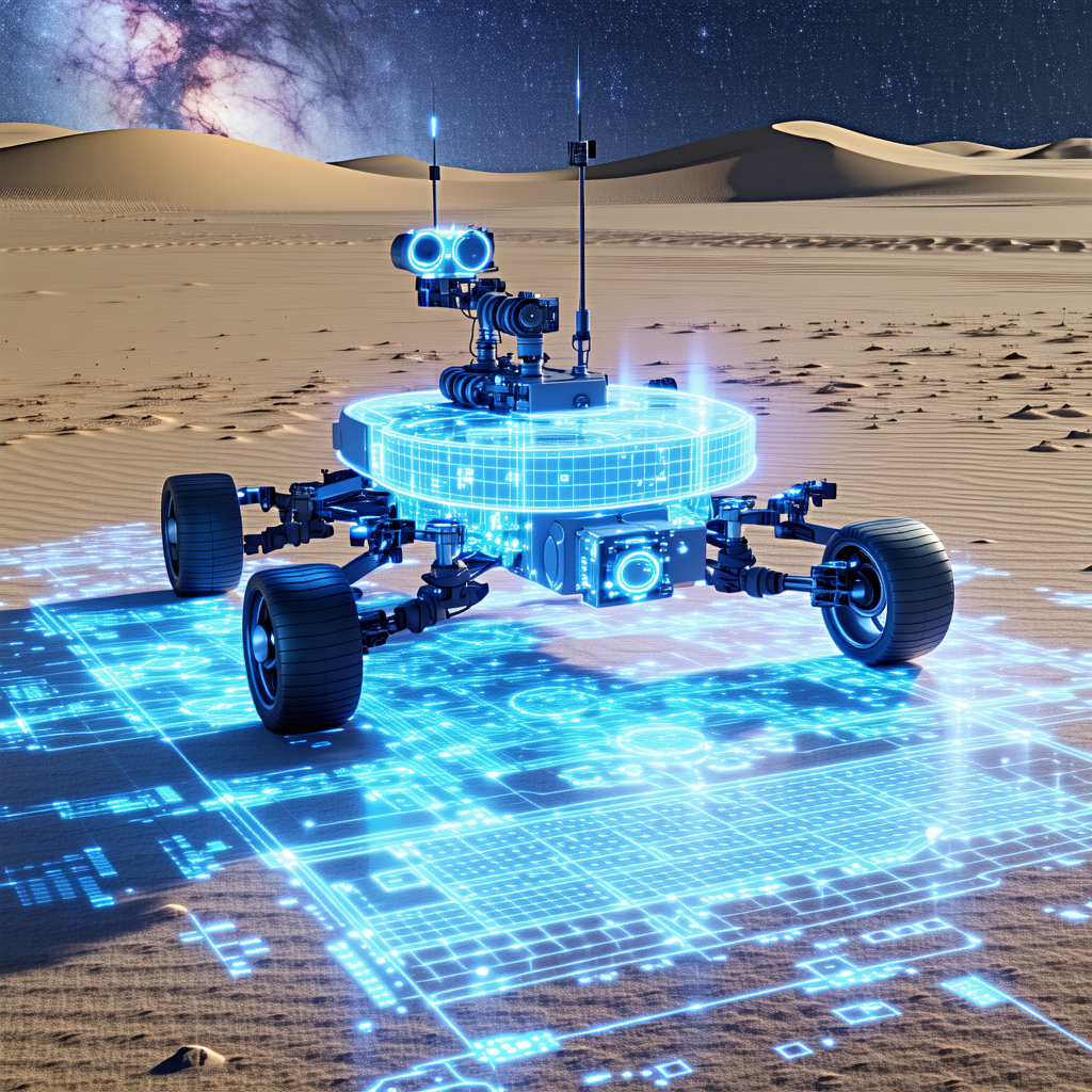 A Futuristic Robot Is Sitting On A Sandy Surface, Possibly A Desert
