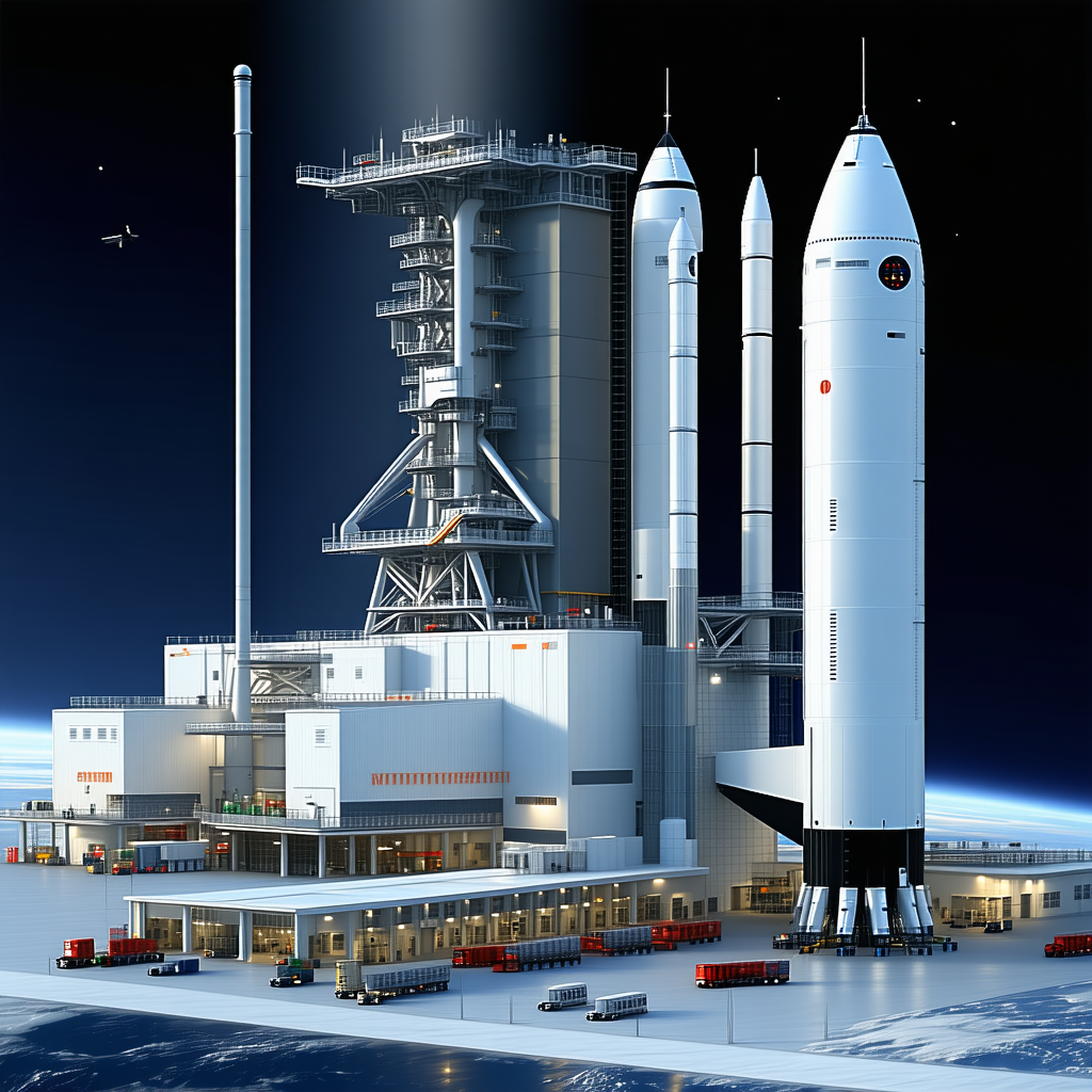 A Large White Building With A Rocket Ship Docked On Top Of It