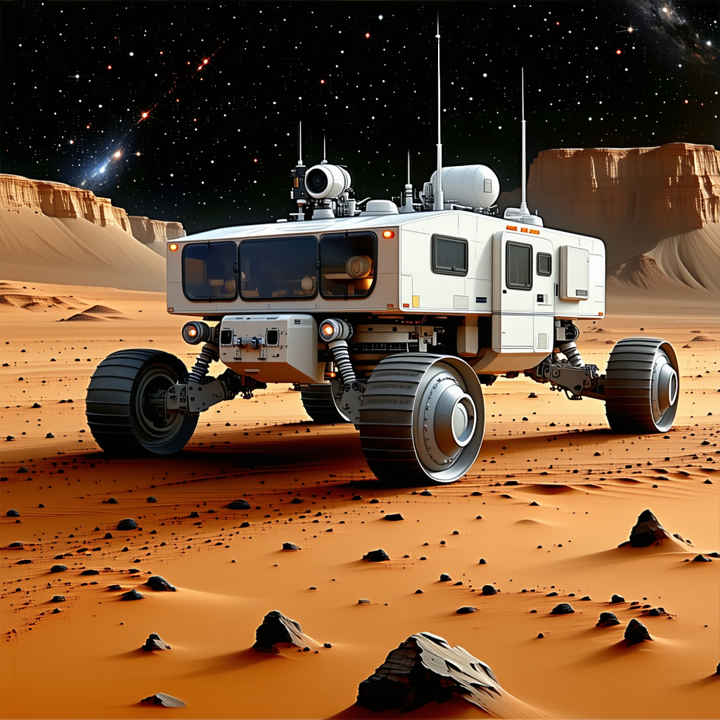 A Large White Vehicle, Possibly A Spacecraft Or A Rover, Driving Across A Rocky Terrain