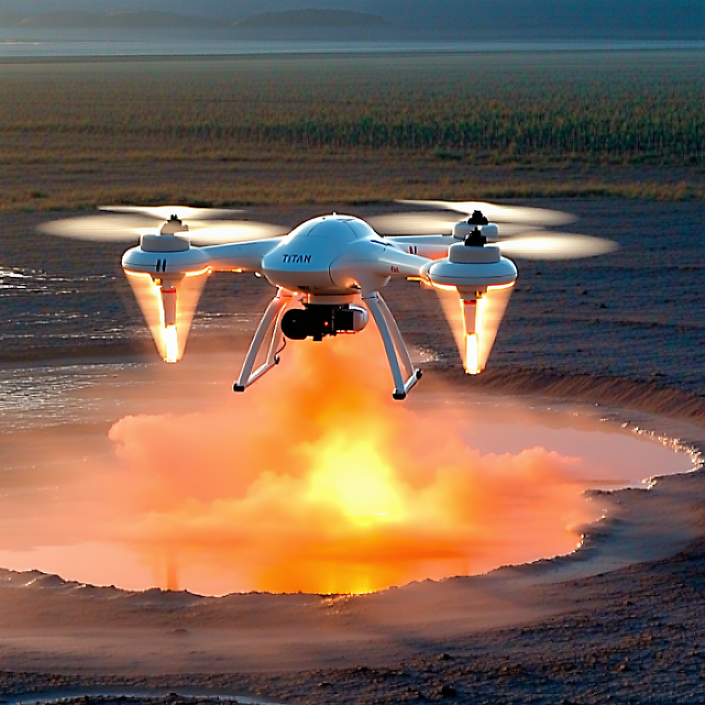 A White Helicopter Flying Over A Field, With A Large Fireball Or Explosion Below It