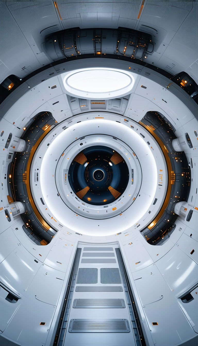 The Image Is A Close-up Of A Large, Round, White Room With A Circular Window In The Center