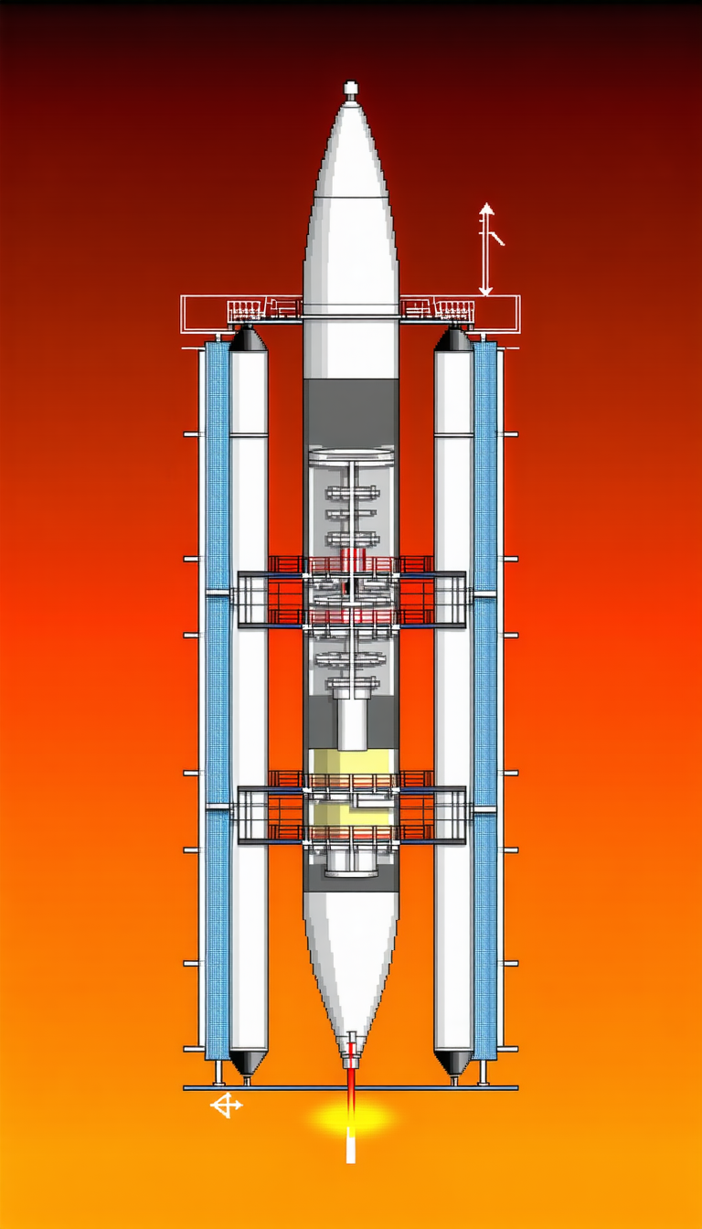 A Large Rocket Ship Is Shown In A Drawing, With A Red Background