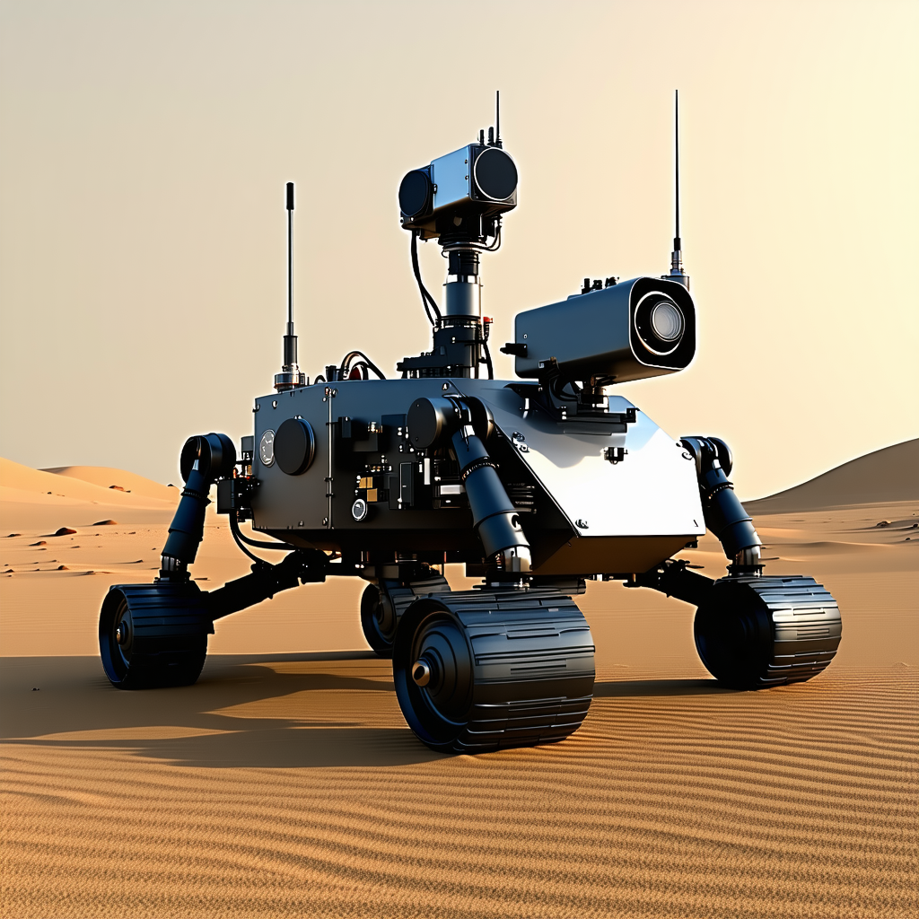 A Large Robotic Vehicle With A Humanoid Appearance, Standing On A Sandy Surface