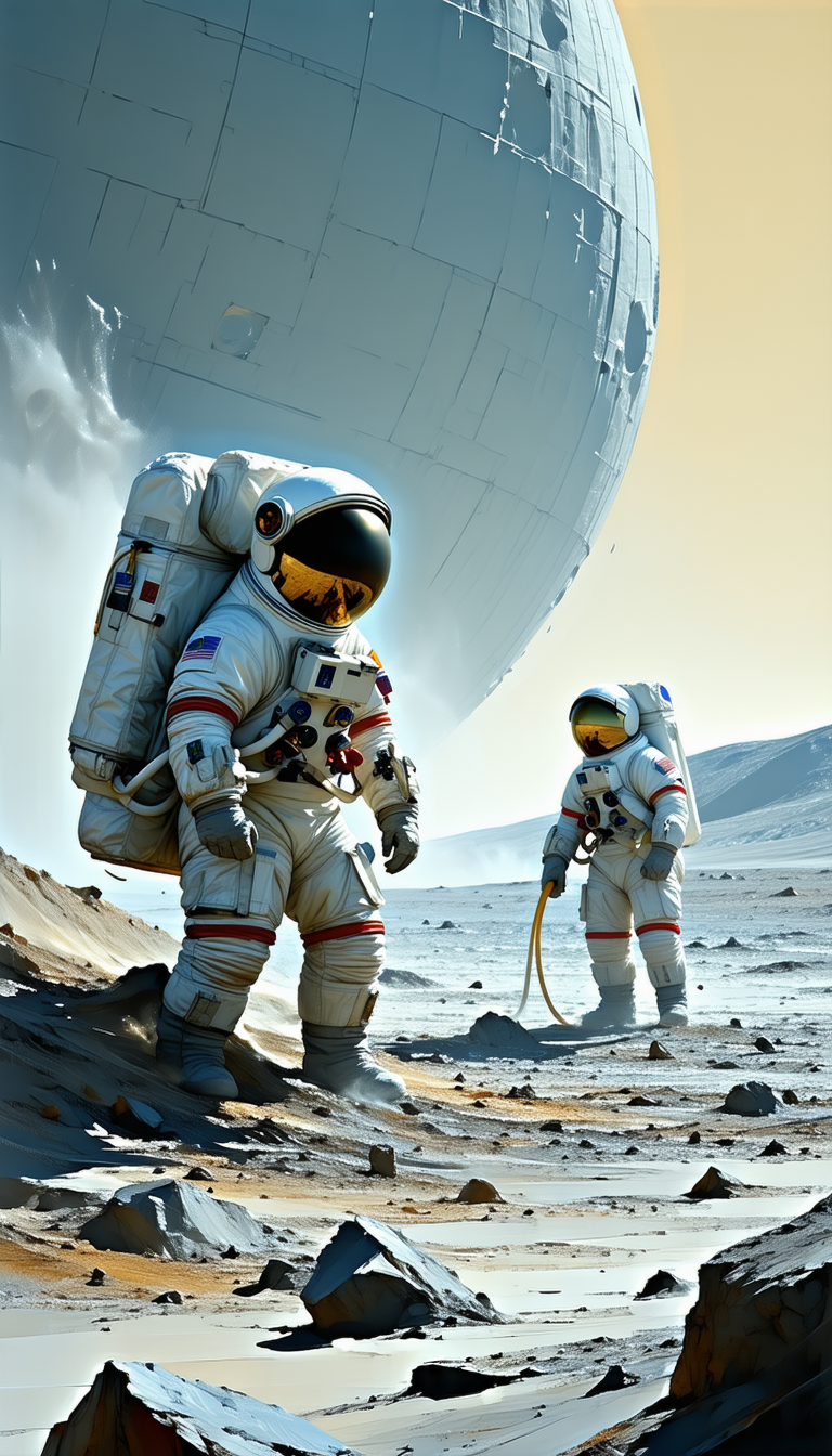 In The Image, There Are Two Astronauts Standing On A Rocky Surface, Possibly On A Distant Planet