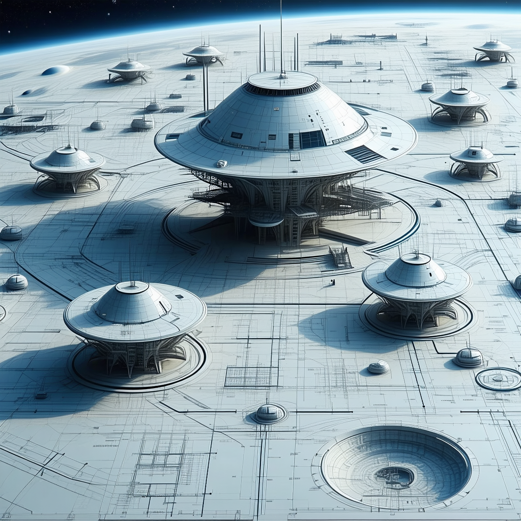 A Futuristic Space Station Is Shown In A Drawing, With A Large Dome-shaped Structure At The Center
