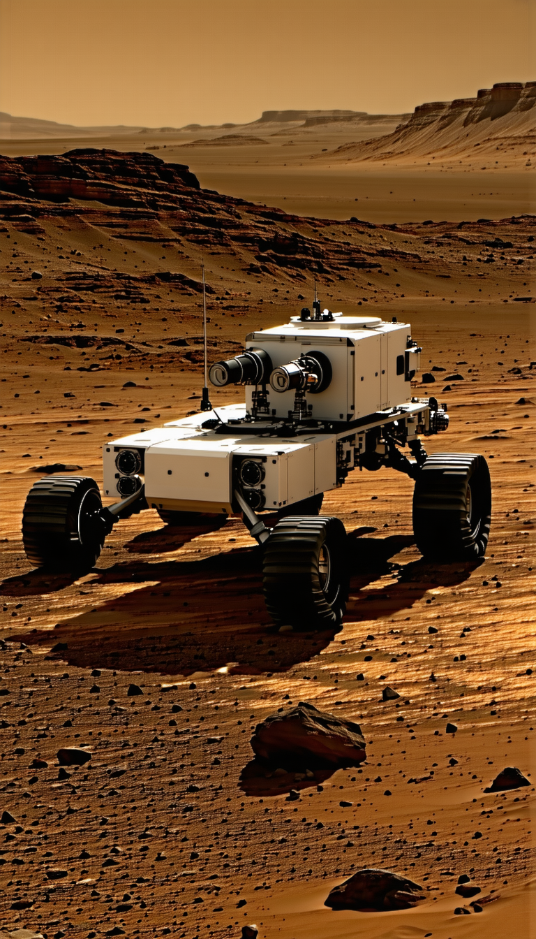 A White Robotic Vehicle, Possibly A Rover, Driving Across A Dirt Field