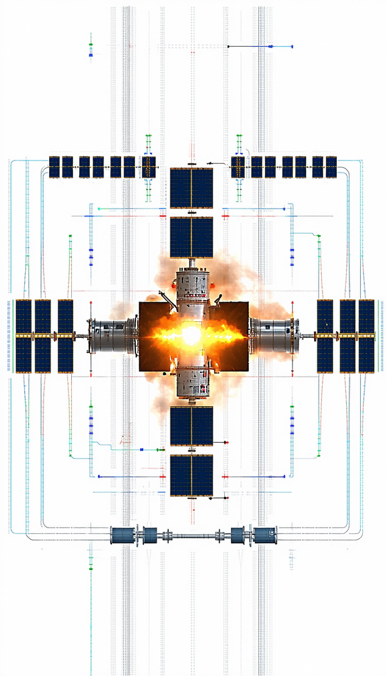 A Spacecraft Is Shown In A Diagram, With A Large Explosion In The Center