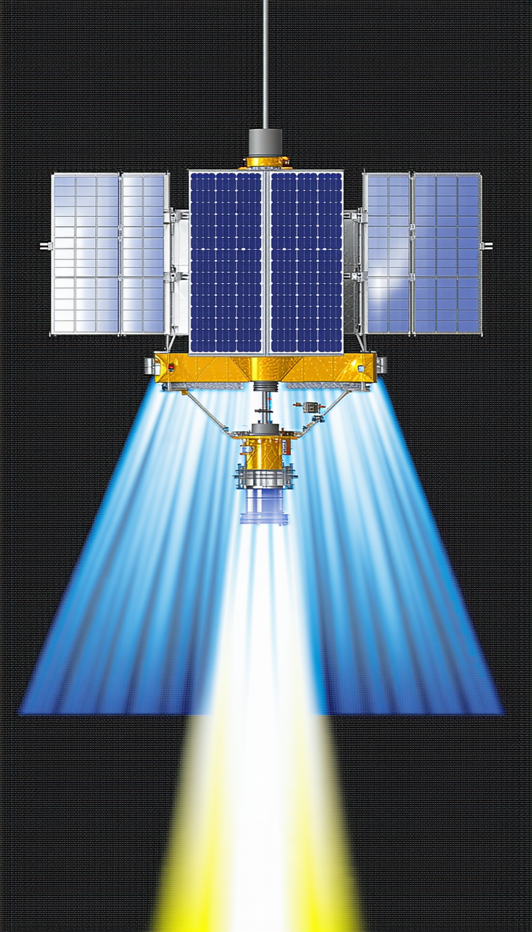 A Spacecraft Is Shown In A Close-up View, With Its Solar Panels Fully Extended