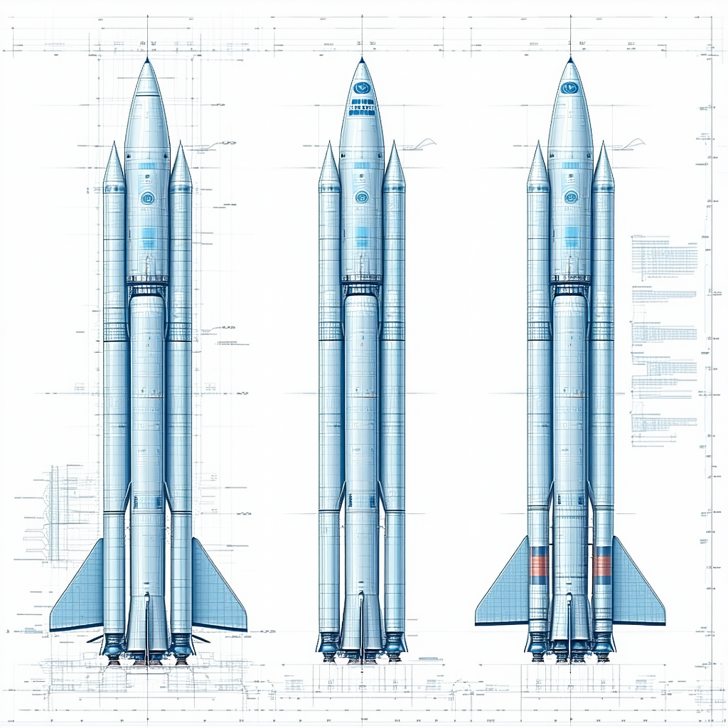 A Blue Rocket Ship Is Shown In Three Different Stages Of Its Flight