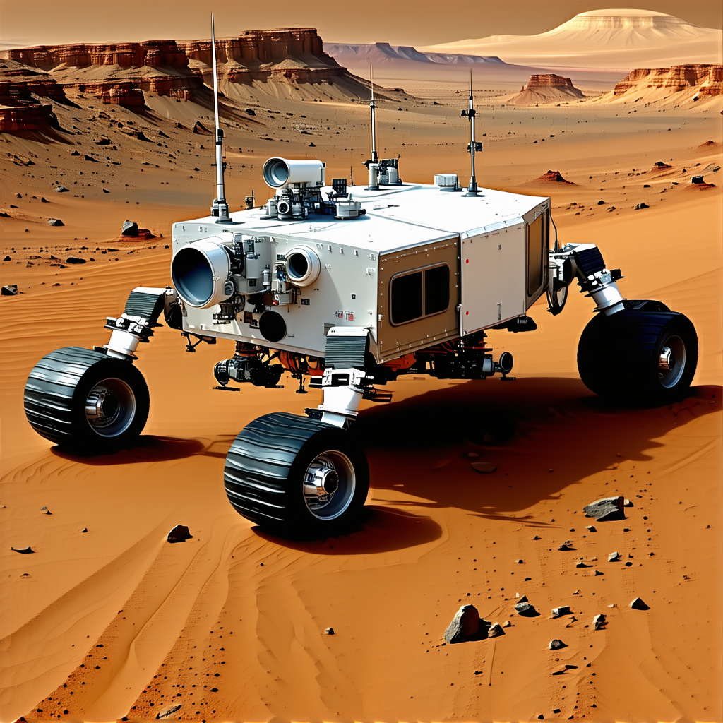 A White Robotic Vehicle, Possibly A Rover, Driving Across A Sandy Terrain