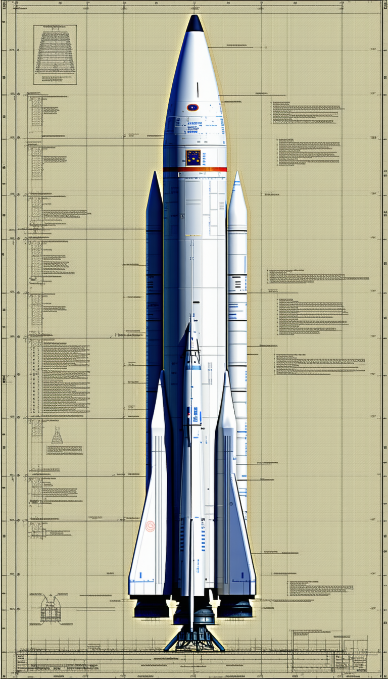 A Large Rocket Is Shown In A Drawing, With A Blue And White Color Scheme