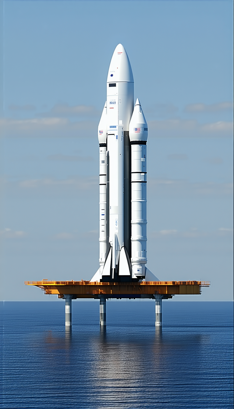 A Large White Space Shuttle, Which Appears To Be A Rocket, Sitting On Top Of A Platform