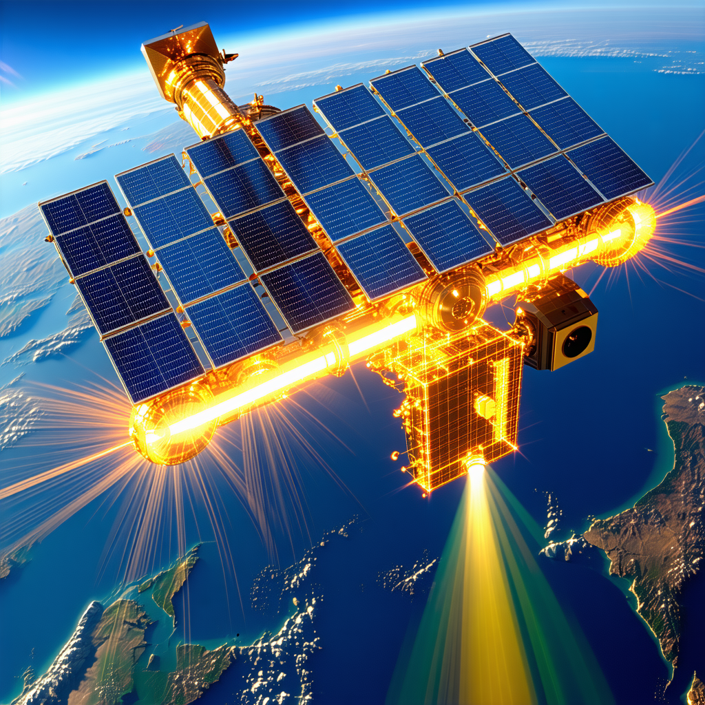 A Space Satellite With A Large, Bright Light Shining On It