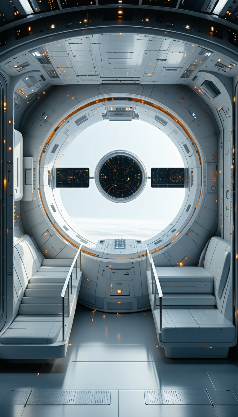 A Large White Spacecraft Is Shown From The Inside, With A View Of The Outside Through A Large Window