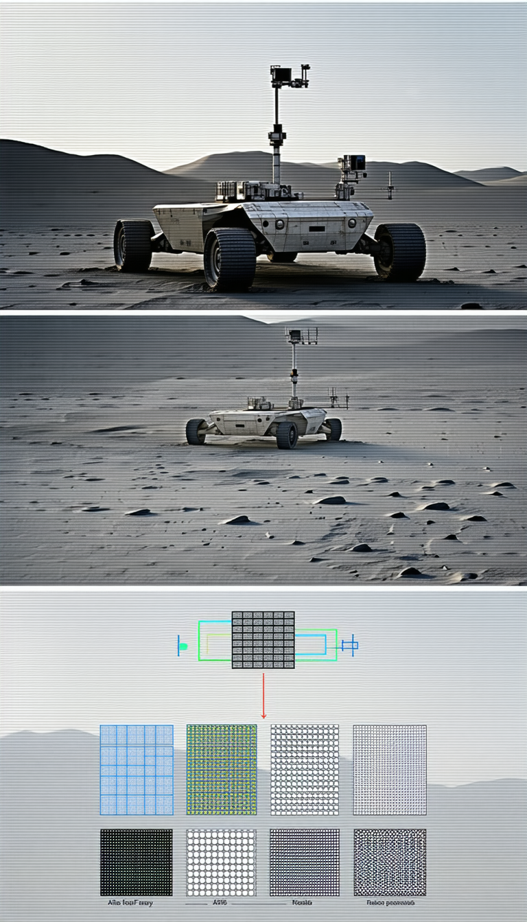 The Image Is A Collage Of Three Pictures, Each Showing A Different Perspective Of A Robotic Vehicle