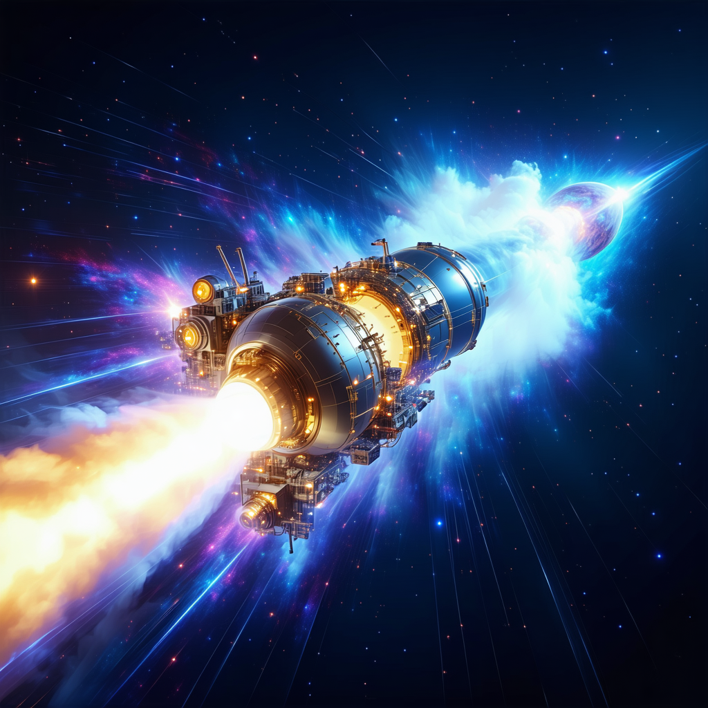 In The Image, There Is A Large Spacecraft With A Long, Curved Shape, Flying Through The Sky