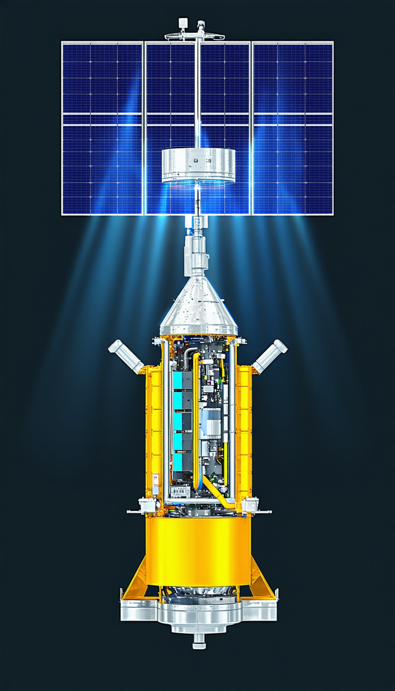 A Large, Yellow Spacecraft With A Solar Panel On Top