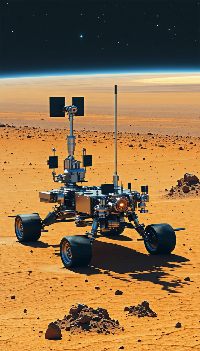 A Large Robotic Vehicle, Possibly A Rover, Sitting On A Sandy Surface