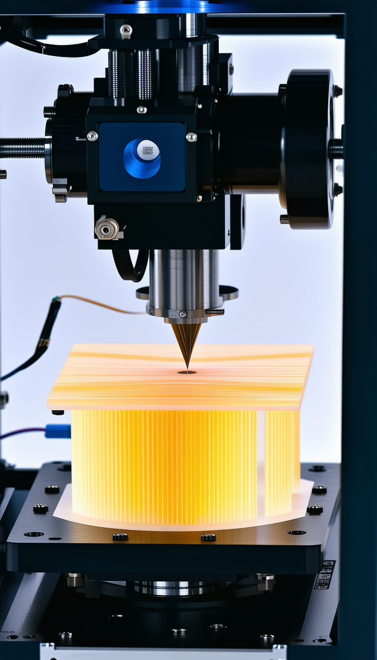 A Machine Is Cutting A Piece Of Yellow Plastic With A Laser