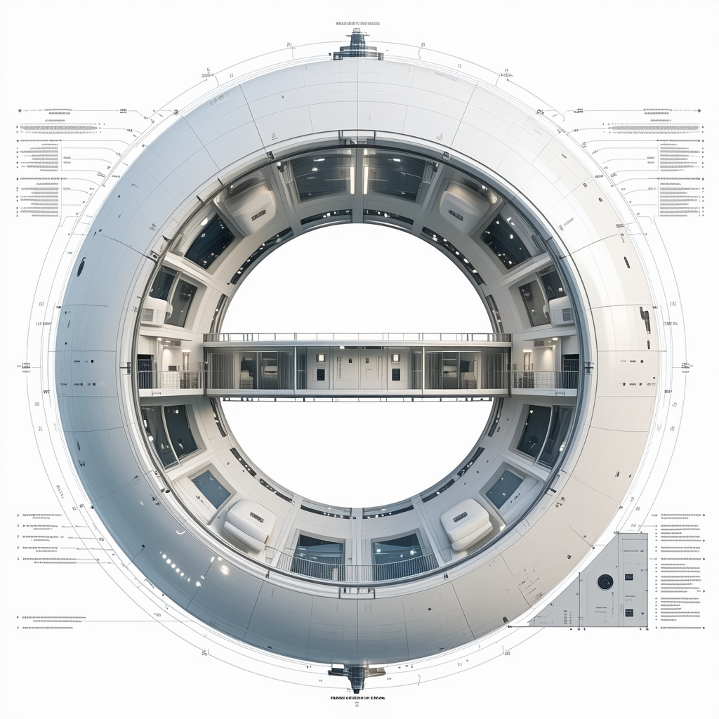 The Image Is A 3d Model Of A Space Station, Showcasing Its Interior And Exterior