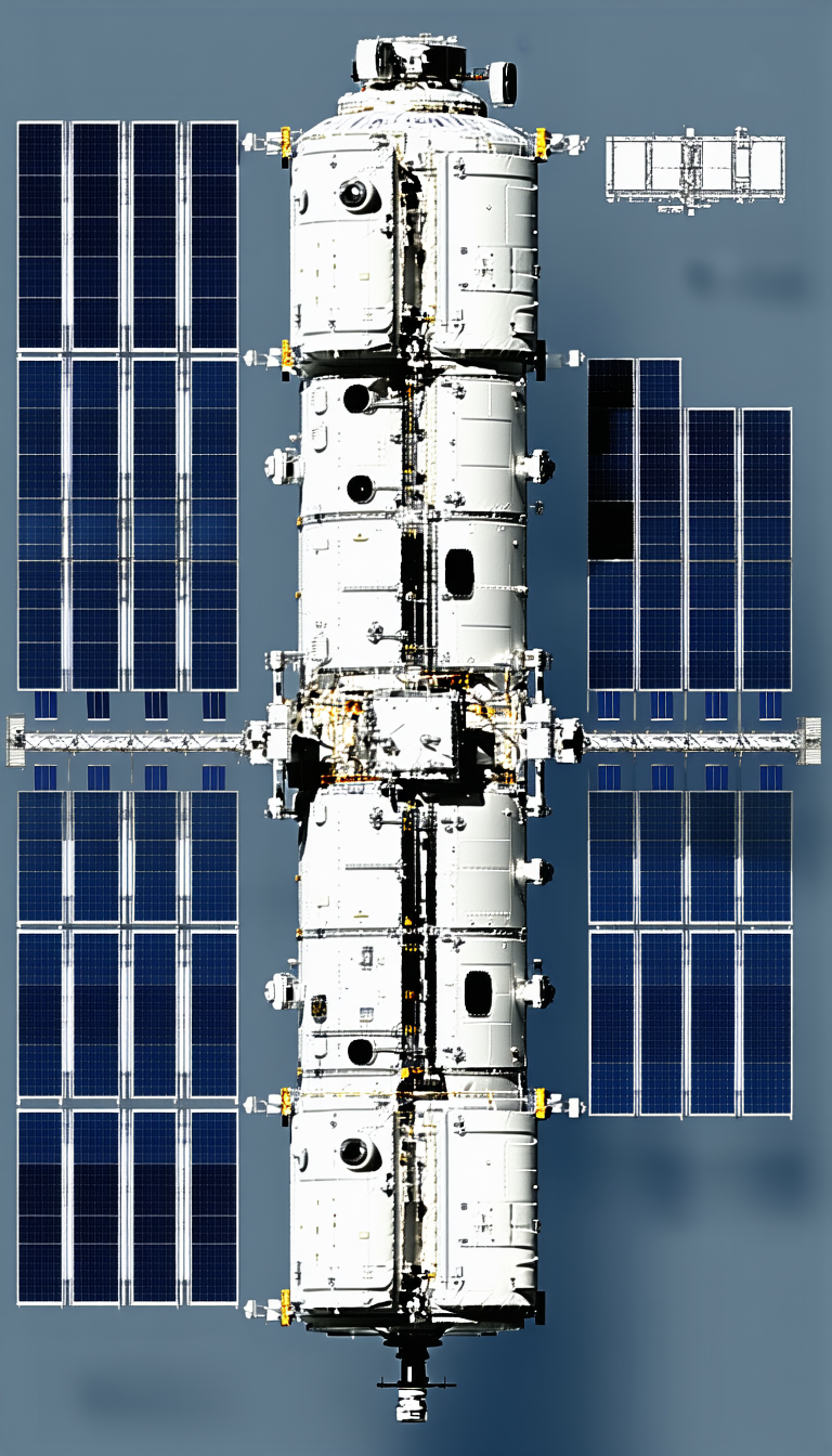 A Large Spacecraft Is Shown In A Blue And White Color Scheme