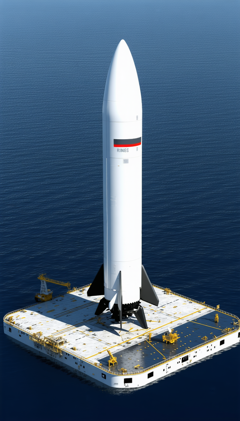 A Large White Rocket Ship Floating On Top Of A Platform In The Ocean