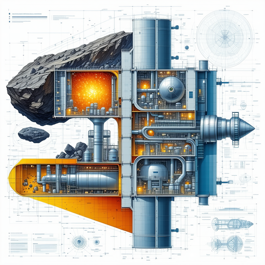 A Large, Detailed Drawing Of A Factory Is Displayed In A Blue And Orange Color Scheme