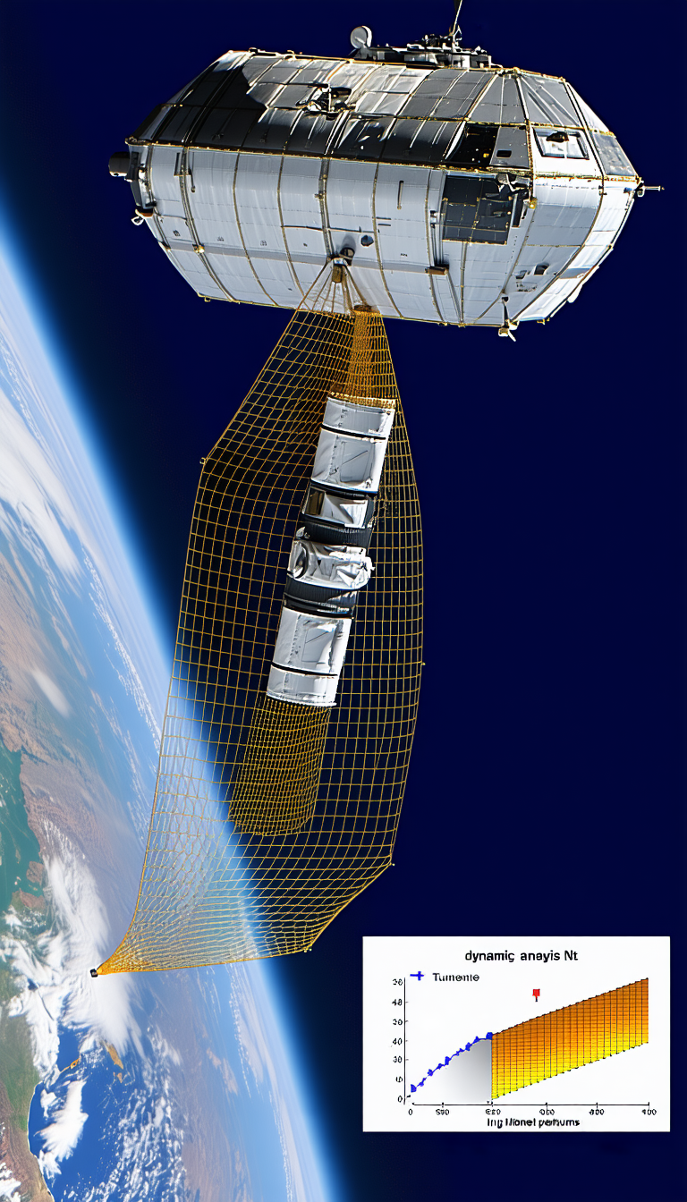 A Large, White Satellite Suspended In The Air By A Series Of Cables